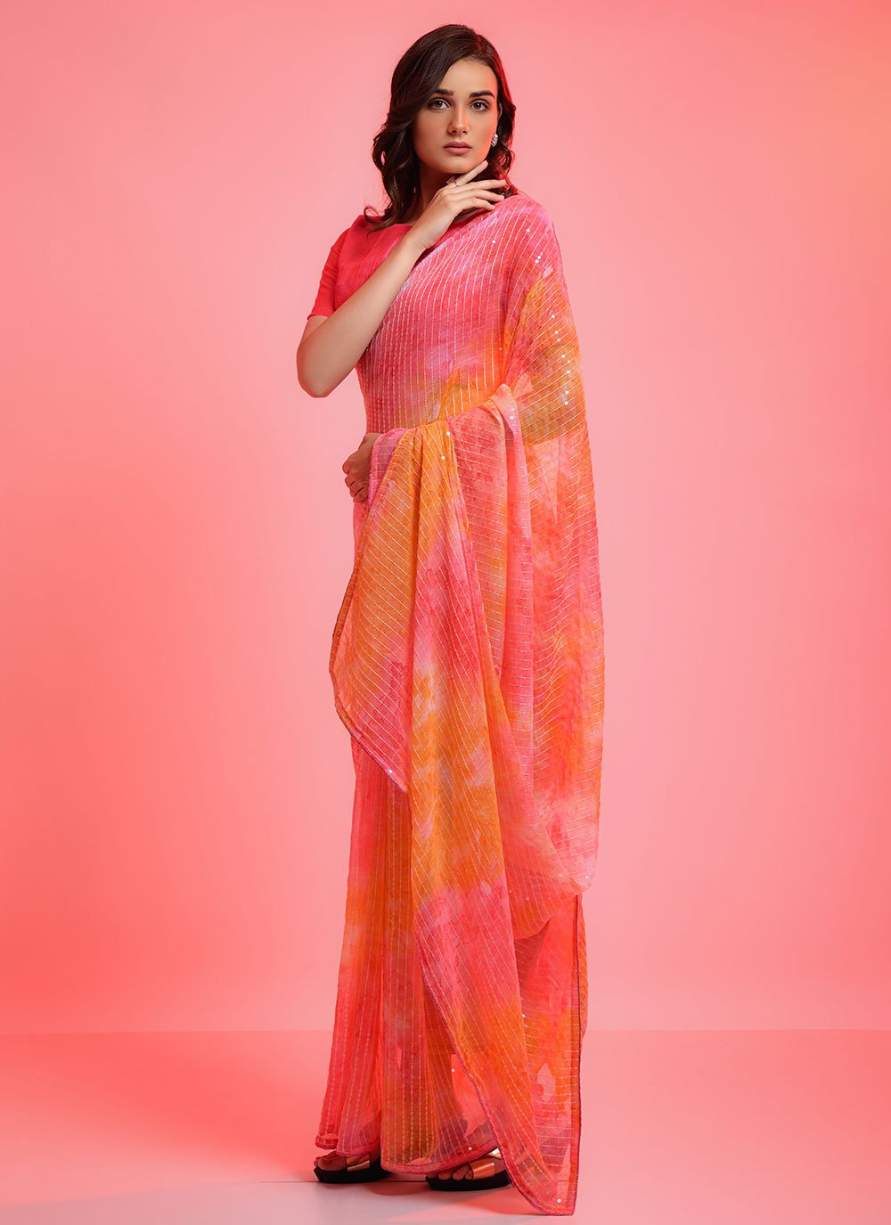 Classic Georgette Peach Sequins Saree