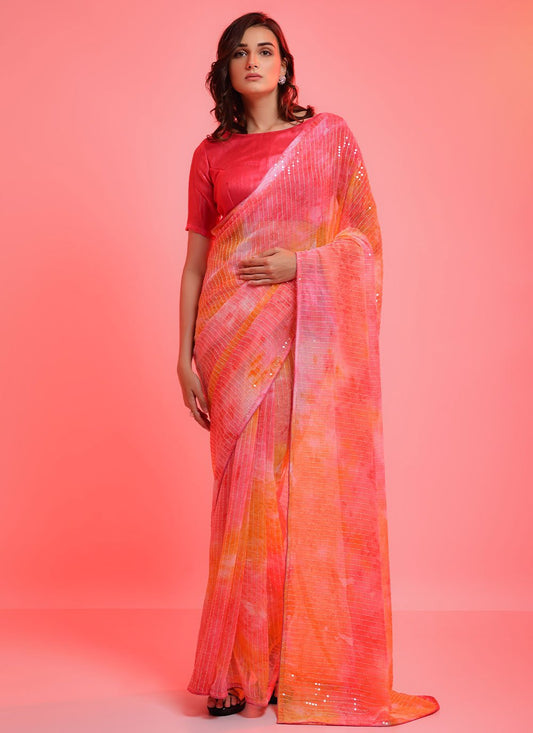 Classic Georgette Peach Sequins Saree