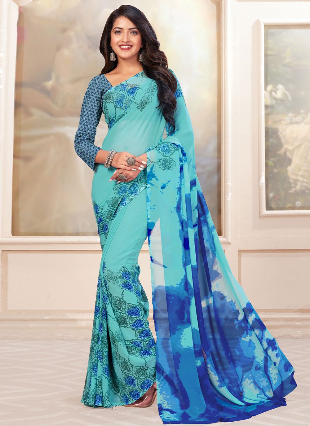 Classic Georgette Aqua Blue Print Saree