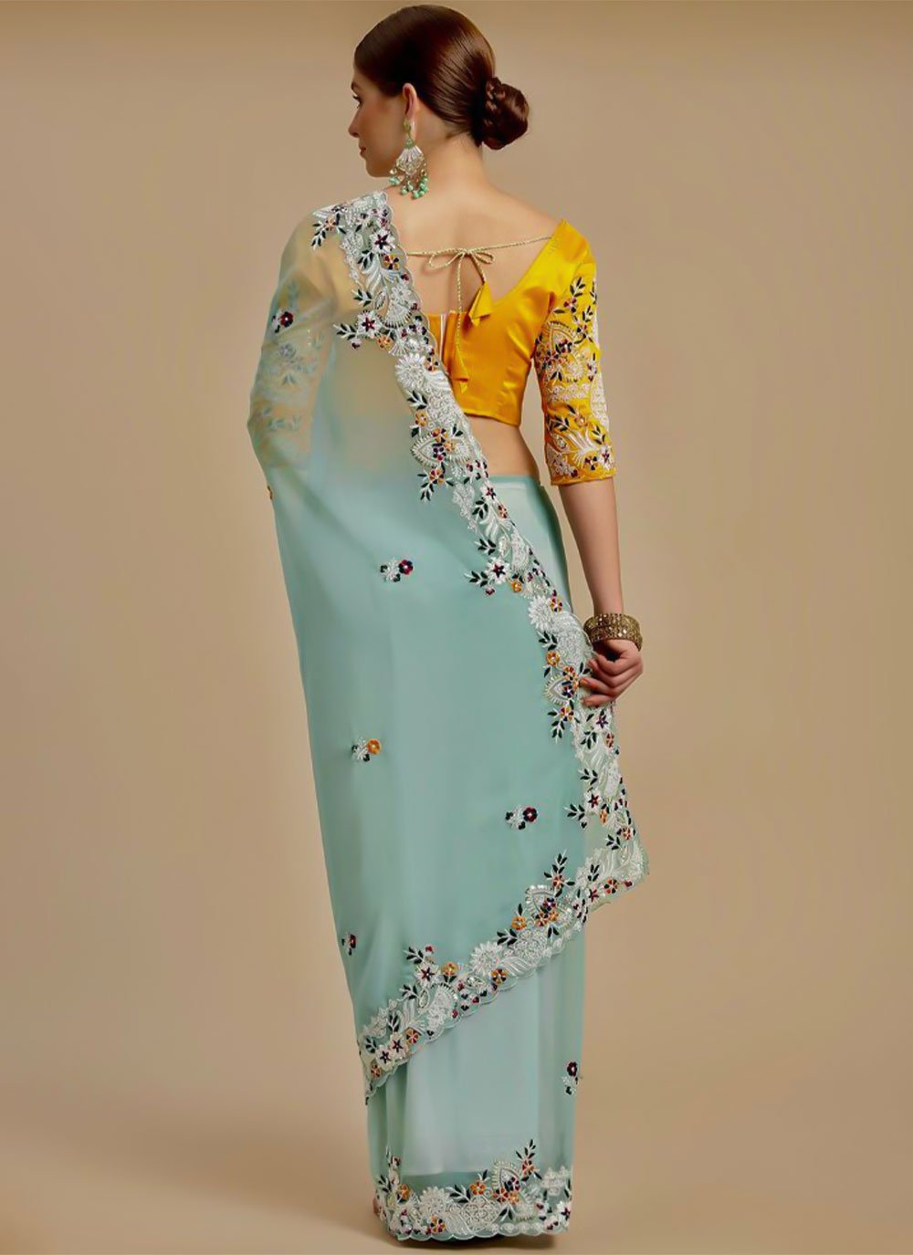 Classic Georgette Aqua Blue Embroidered Saree