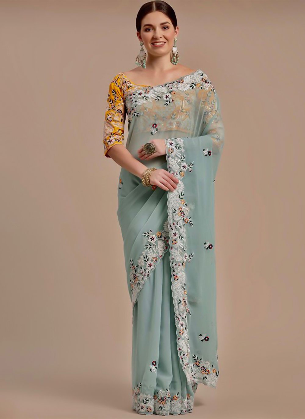 Classic Georgette Aqua Blue Embroidered Saree