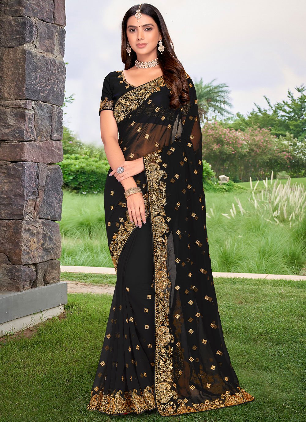 Classic Georgette Black Embroidered Saree