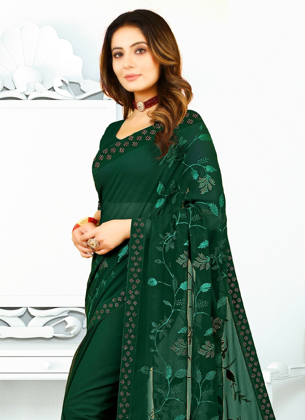 Classic Georgette Silk Green Patch Border Saree