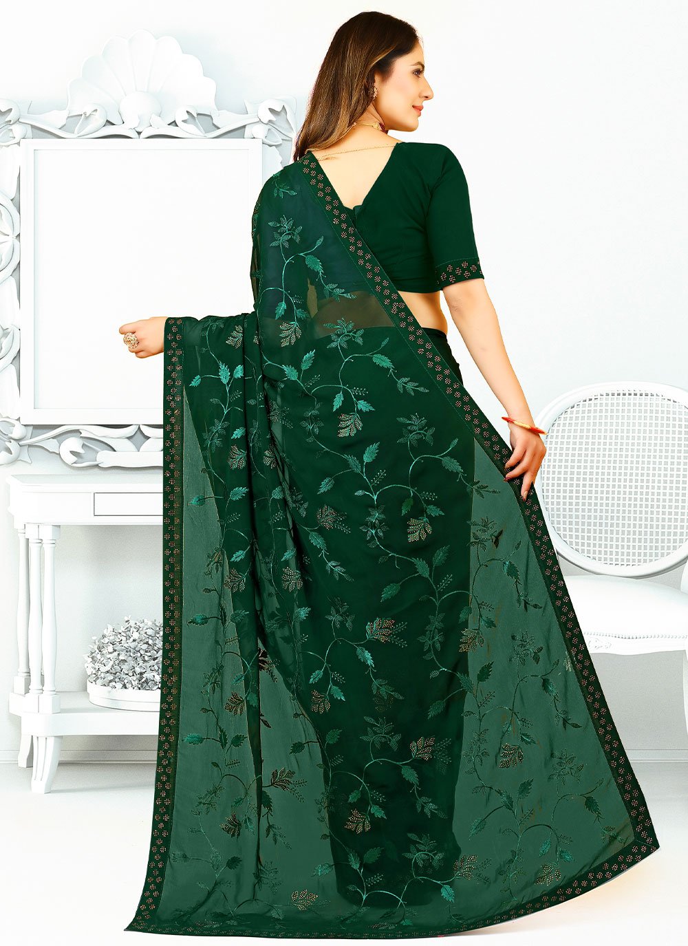 Classic Georgette Silk Green Patch Border Saree