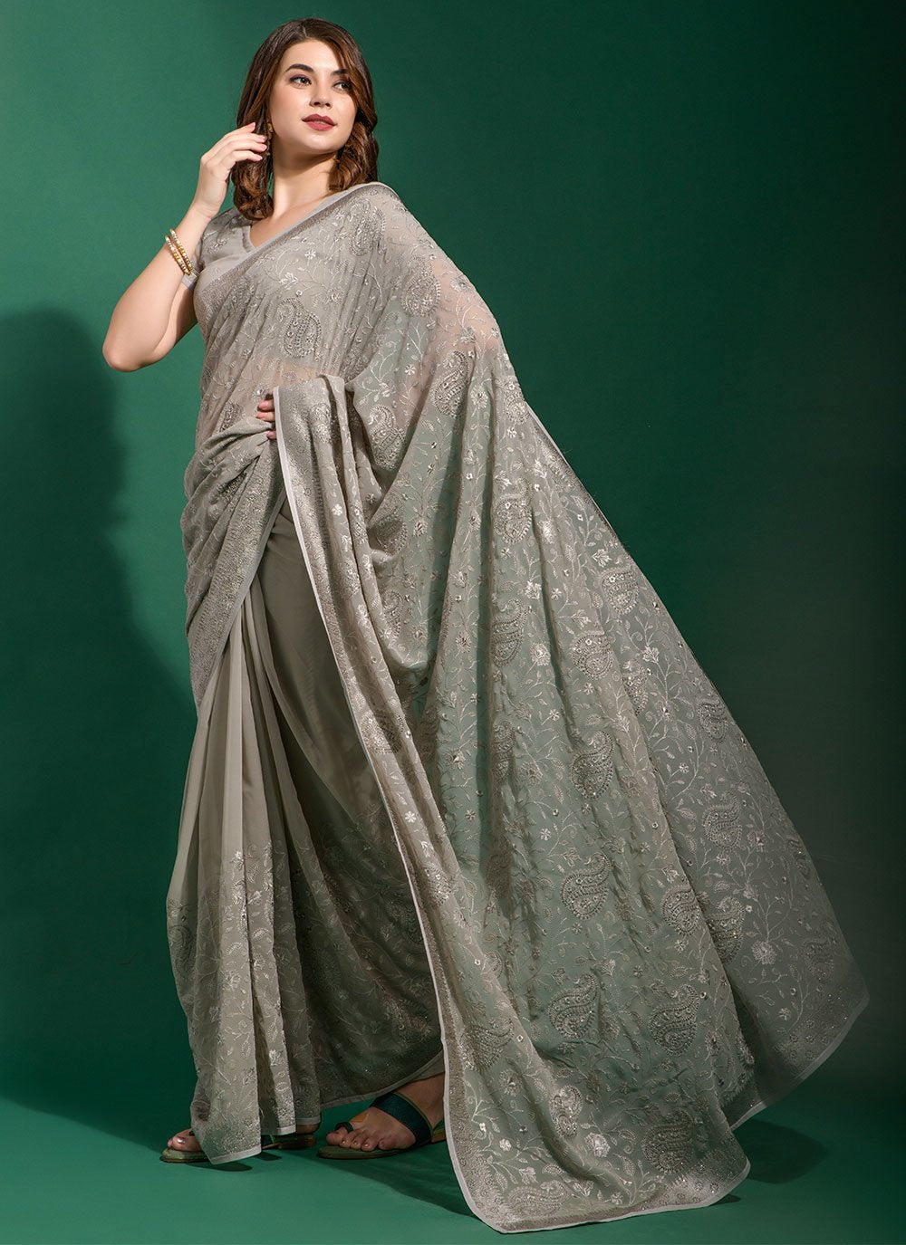 Classic Georgette Grey Diamond Saree