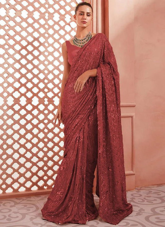 Classic Georgette Magenta Sequins Saree