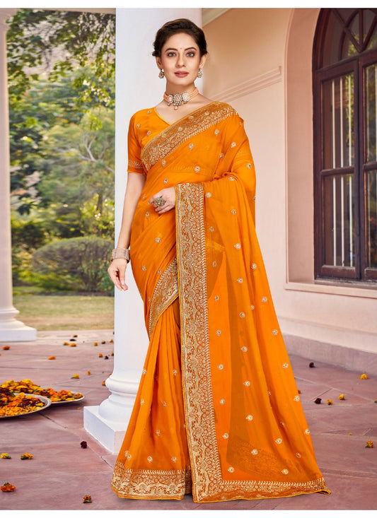 Classic Georgette Mustard Embroidered Saree