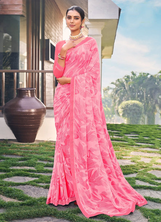 Classic Designer Georgette Pink Patch Border Saree