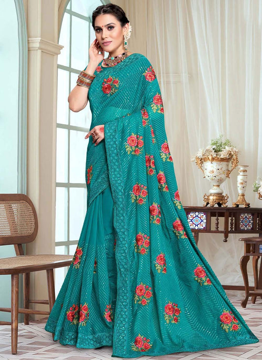 Classic Georgette Rama Embroidered Saree