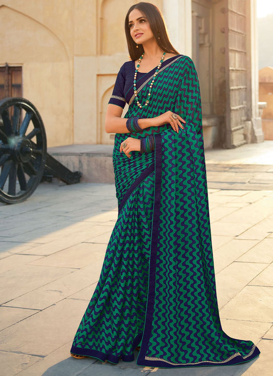 Classic Georgette Teal Lace Saree