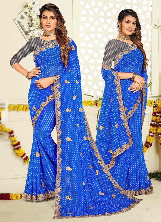 Contemporary Georgette Blue Patch Border Saree