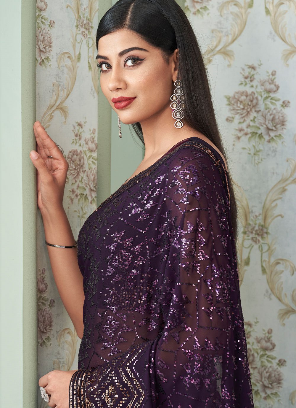 Contemporary Georgette Purple Sequins Saree