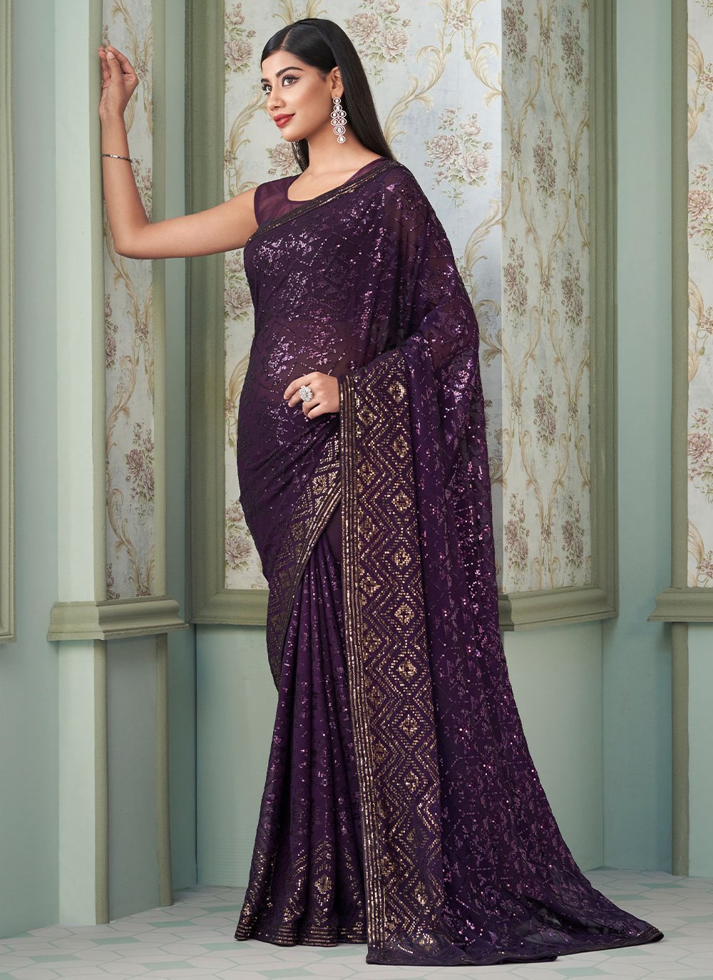 Contemporary Georgette Purple Sequins Saree