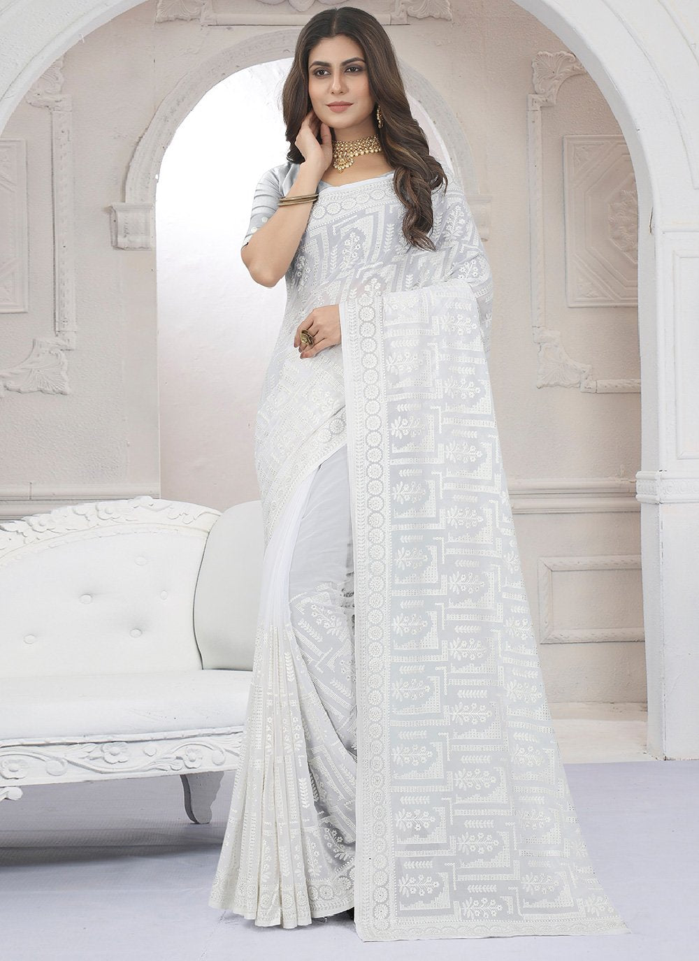 Contemporary Georgette White Embroidered Saree