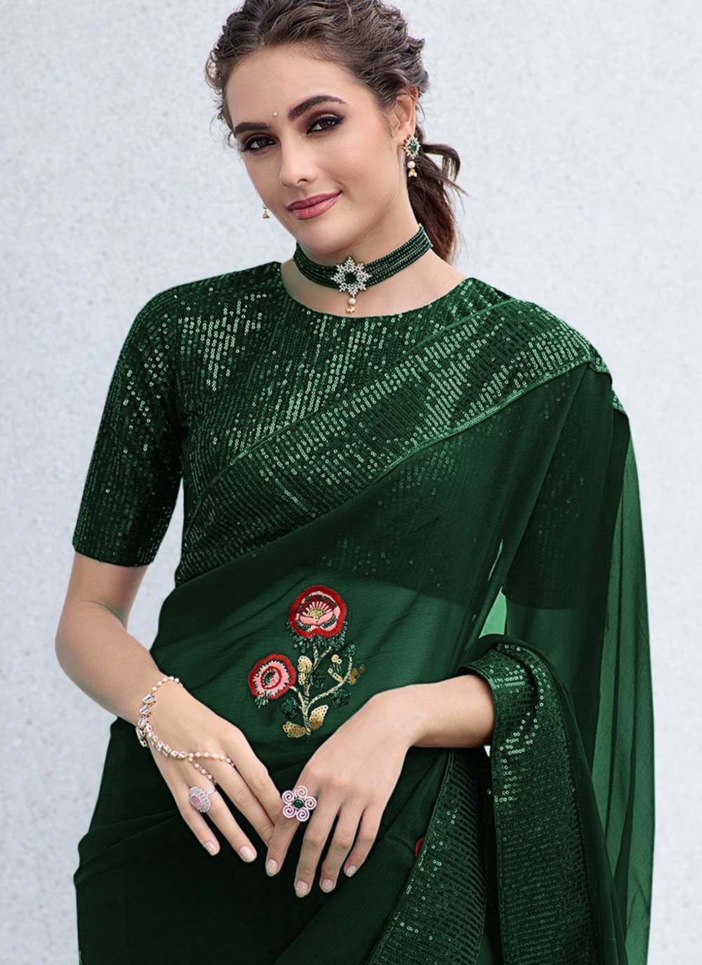 Contemporary Georgette Green Embroidered Saree