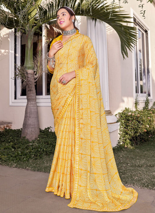 Contemporary Georgette Yellow Print Saree