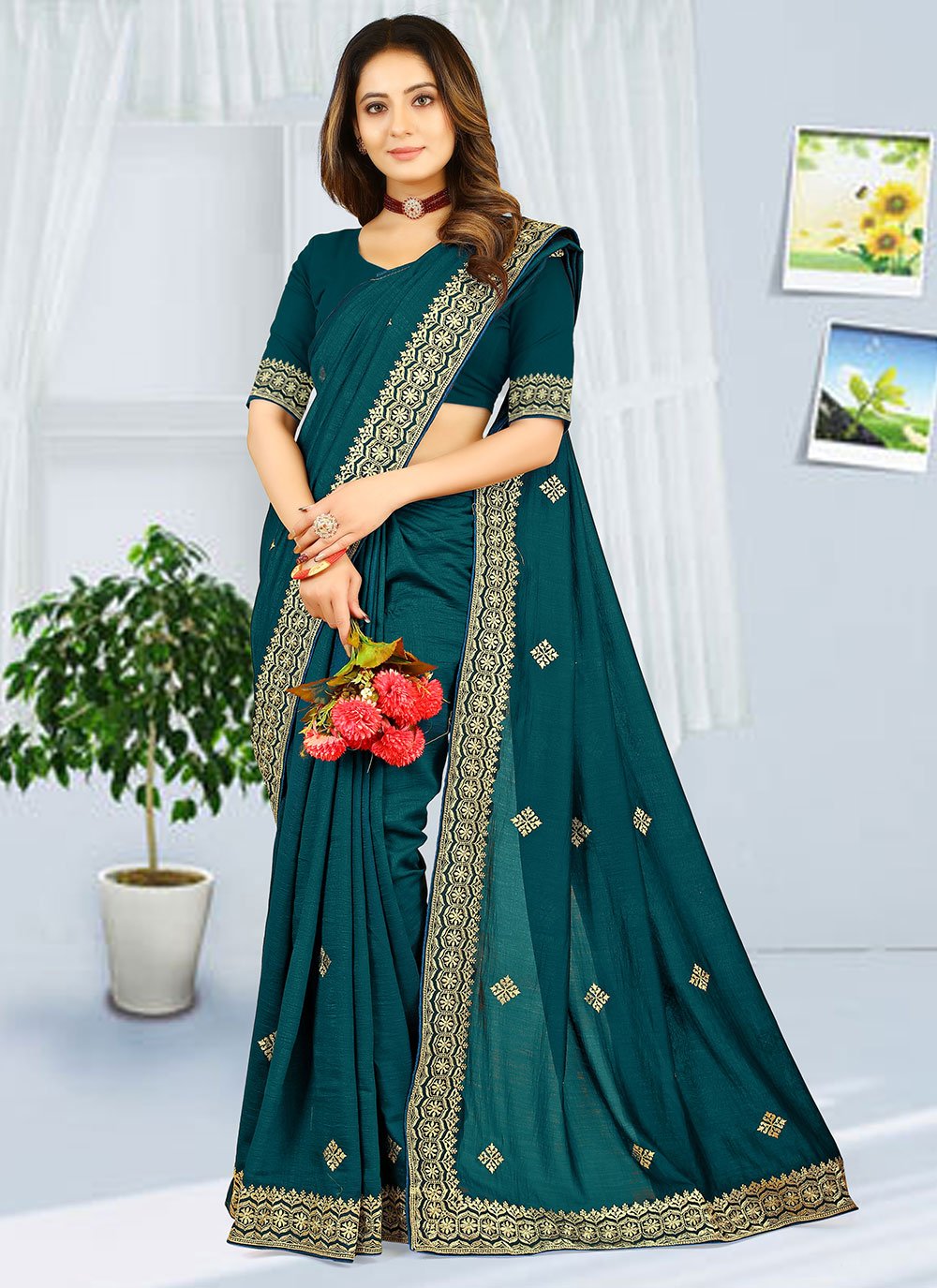 Contemporary Georgette Teal Embroidered Saree