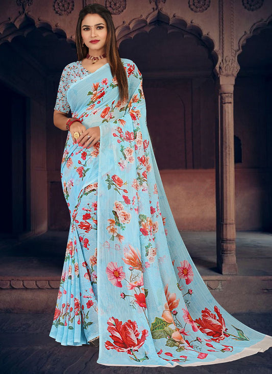 Contemporary Georgette Aqua Blue Digital Print Saree