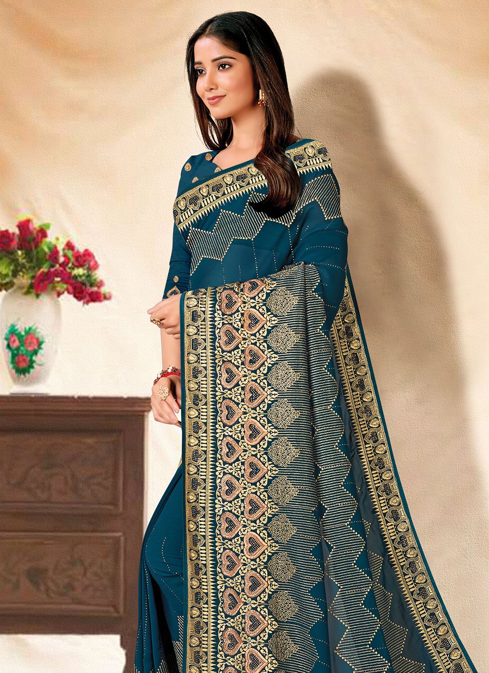 Contemporary Georgette Blue Teal Embroidered Saree