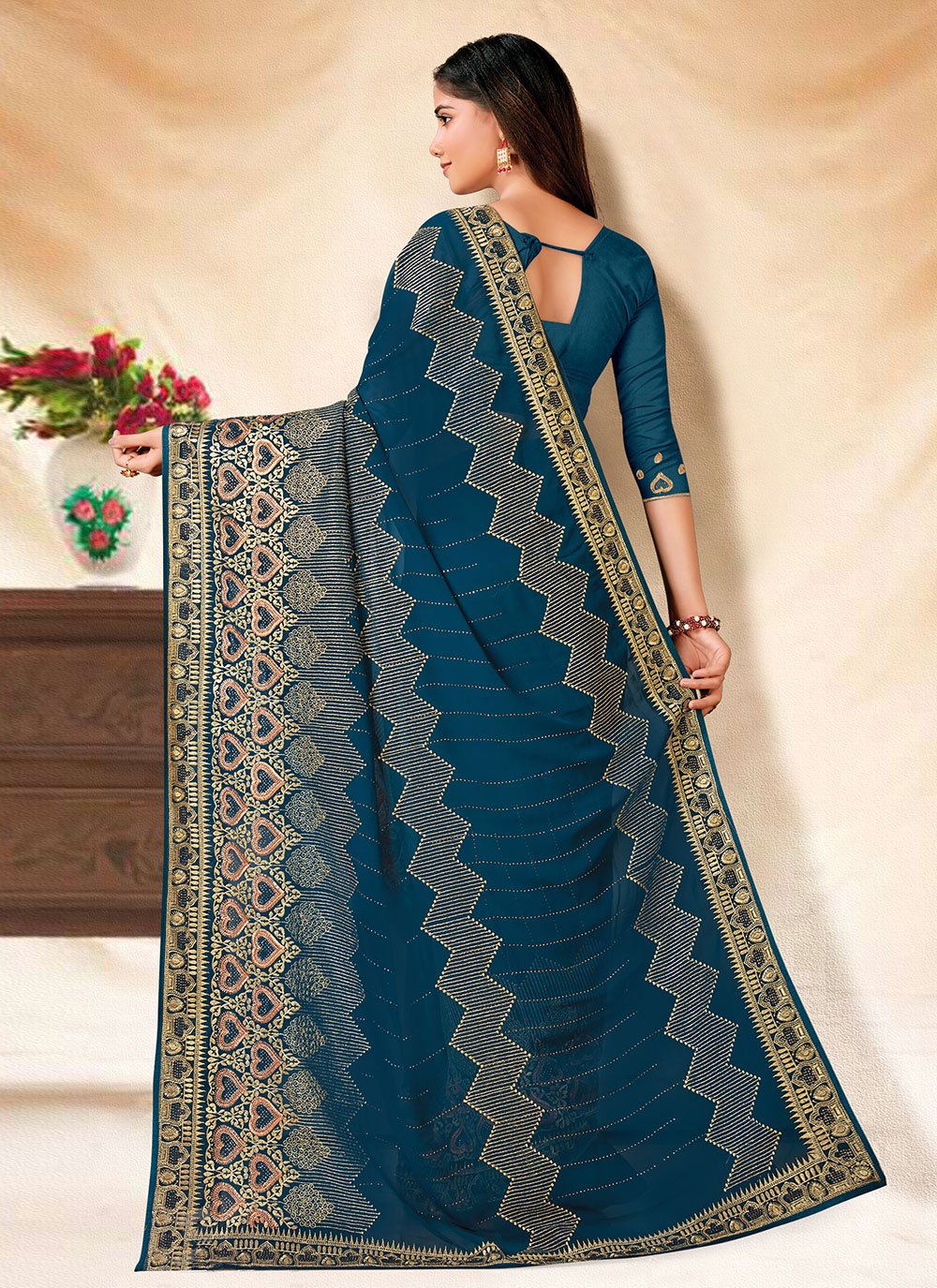 Contemporary Georgette Blue Teal Embroidered Saree