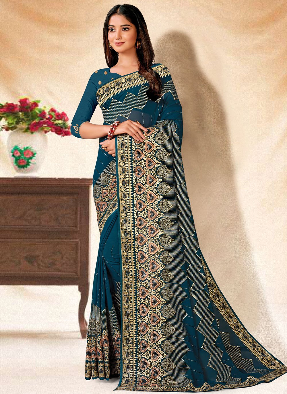 Contemporary Georgette Blue Teal Embroidered Saree