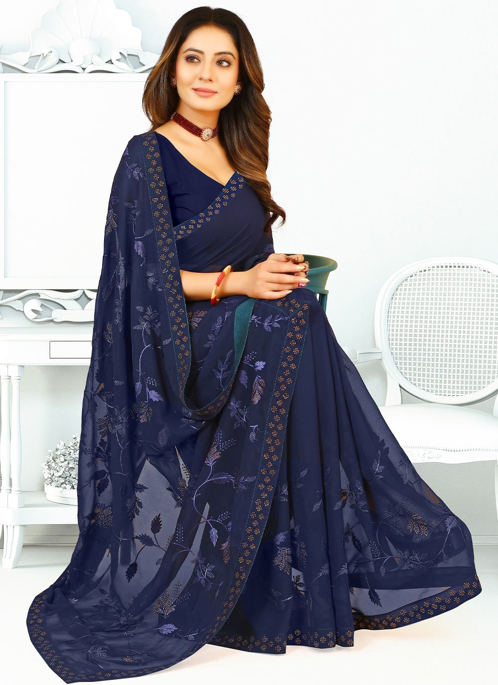 Contemporary Georgette Silk Blue Patch Border Saree