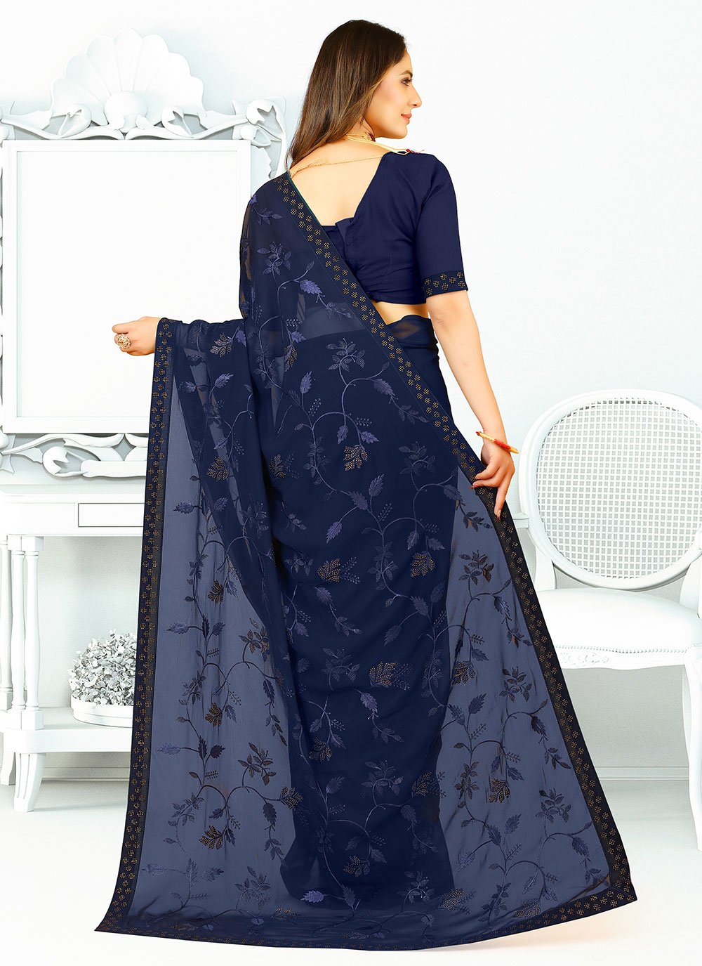 Contemporary Georgette Silk Blue Patch Border Saree