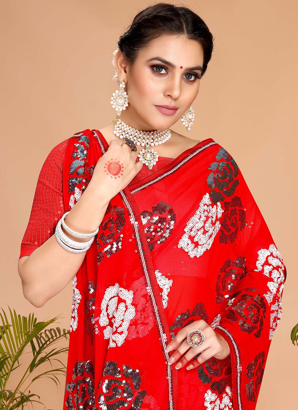 Contemporary Georgette Red Embroidered Saree