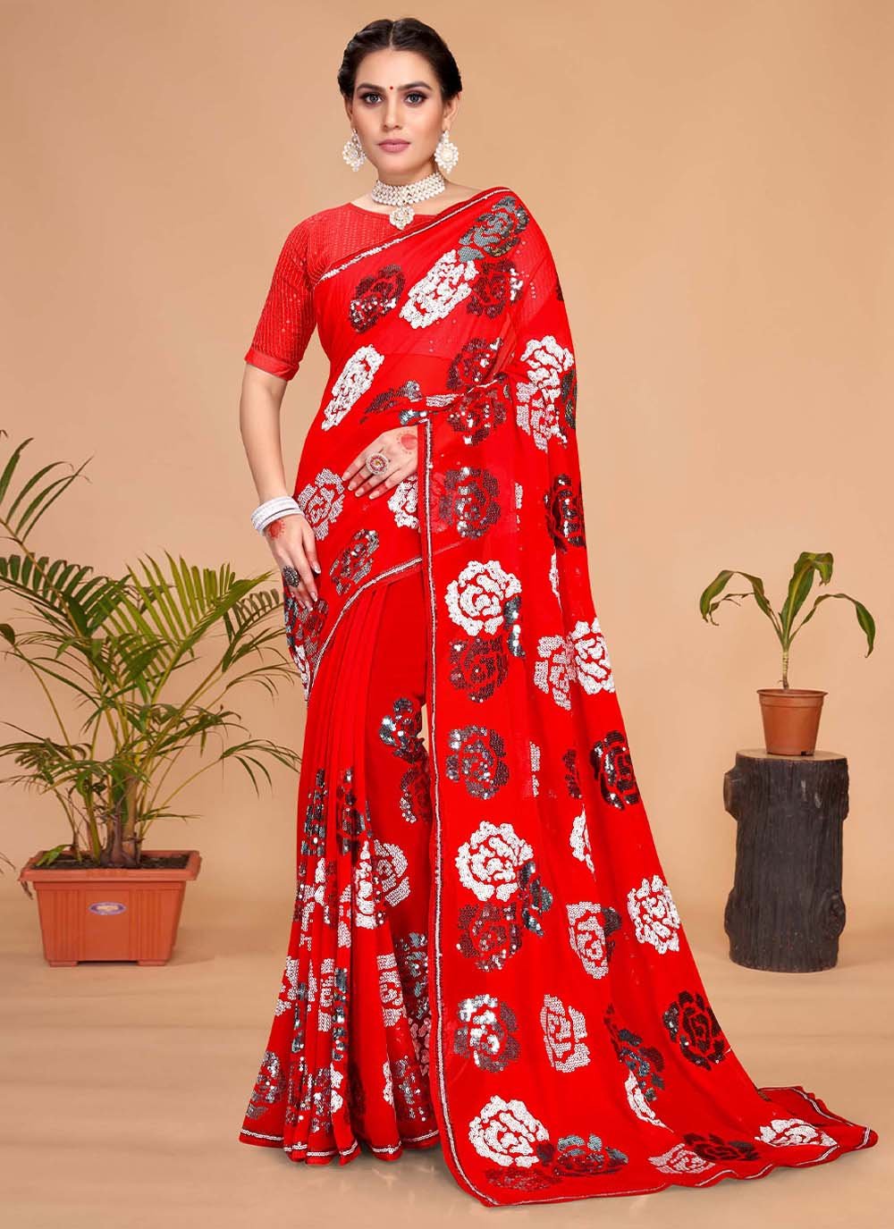 Contemporary Georgette Red Embroidered Saree