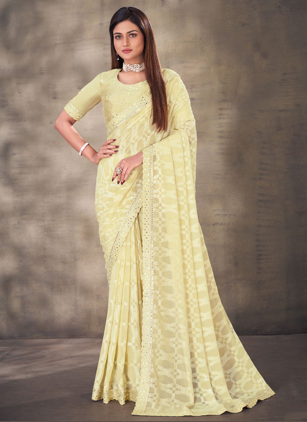 Contemporary Georgette Cream Mirror Saree