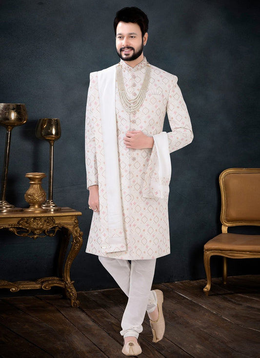 Indo Western Sherwani Georgette Cream Embroidered Mens