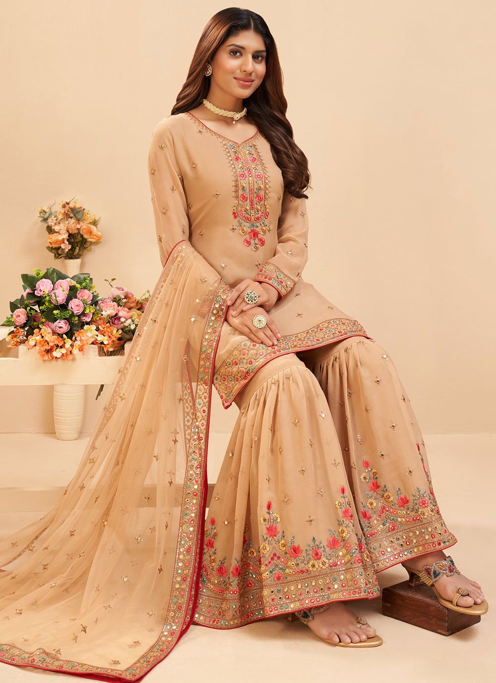 Palazzo Salwar Suit Georgette Cream Embroidered Salwar Kameez