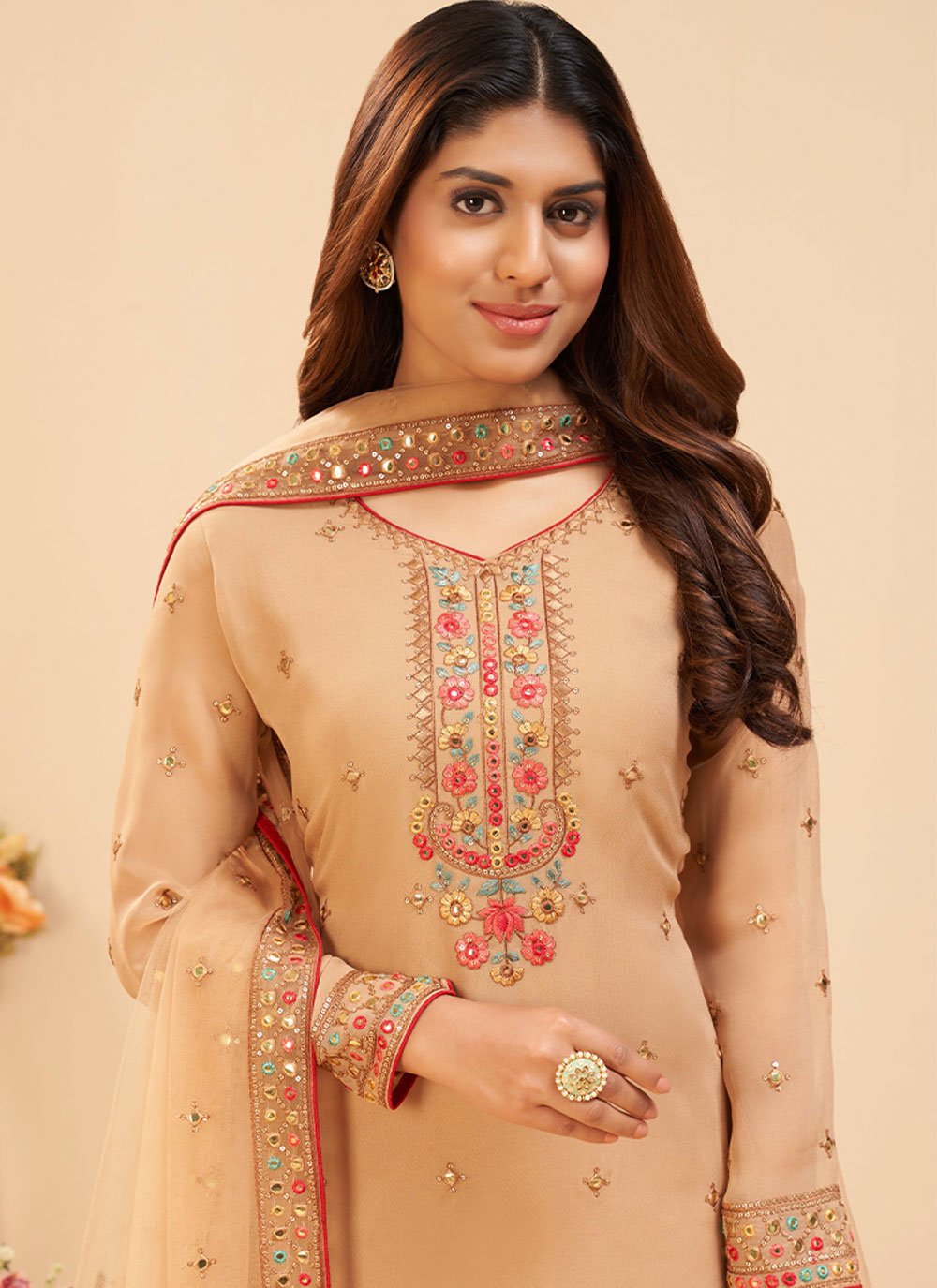 Palazzo Salwar Suit Georgette Cream Embroidered Salwar Kameez