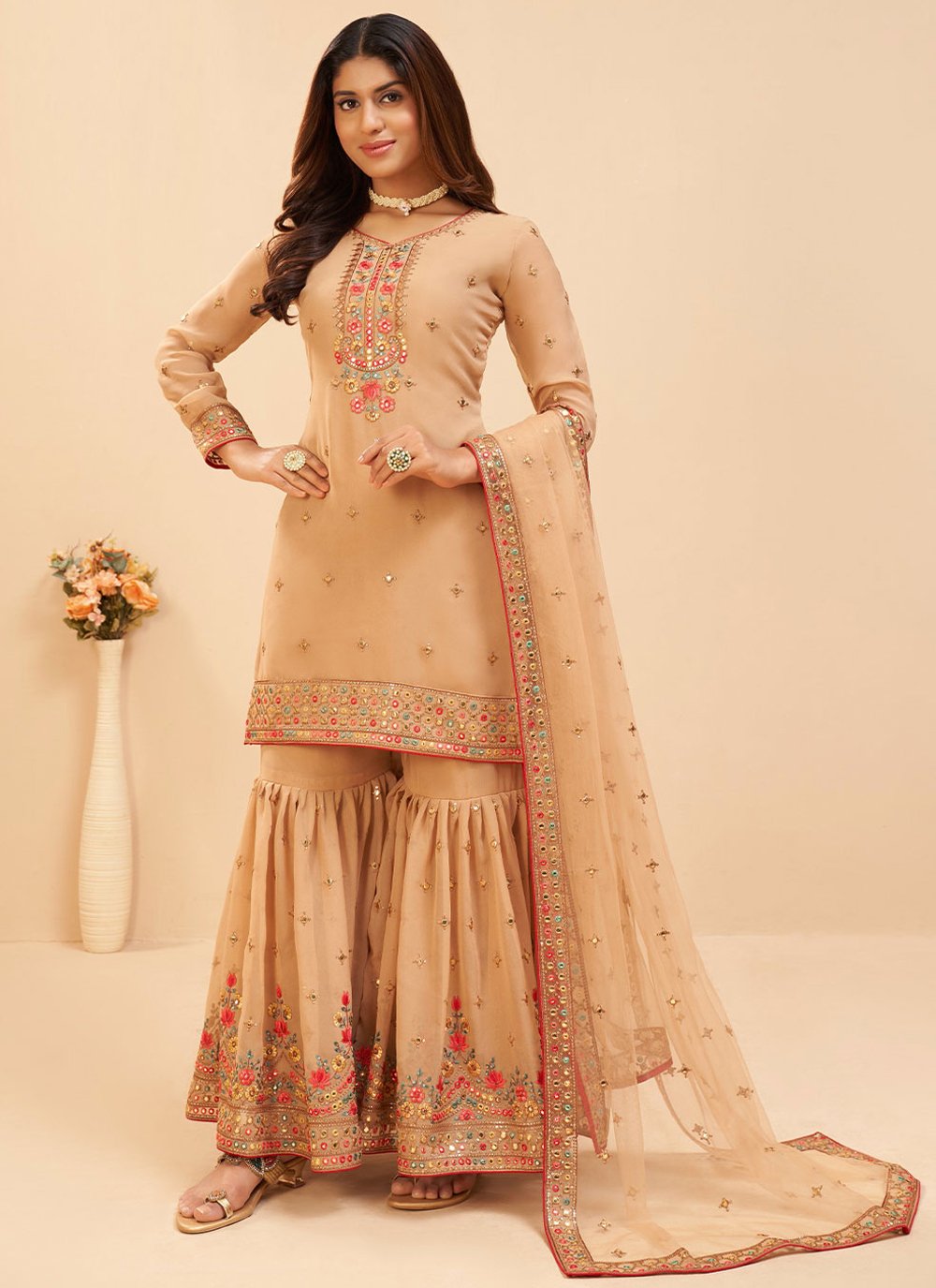 Palazzo Salwar Suit Georgette Cream Embroidered Salwar Kameez