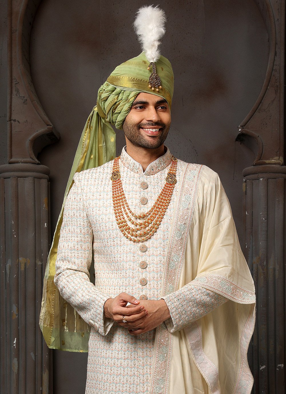 Sherwani Georgette Cream Machine Embroidery Mens