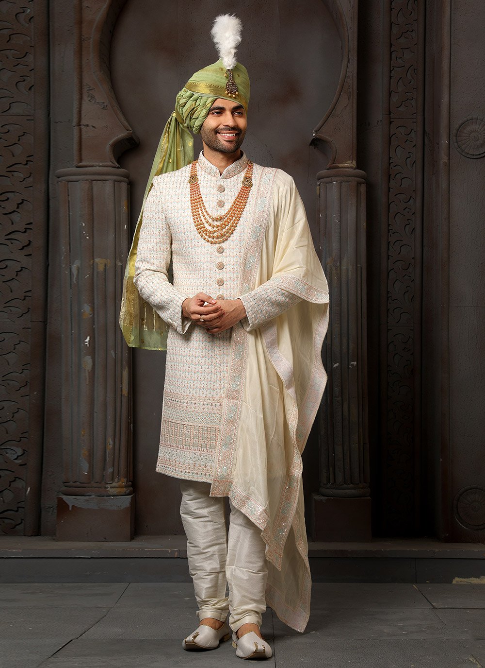 Sherwani Georgette Cream Machine Embroidery Mens