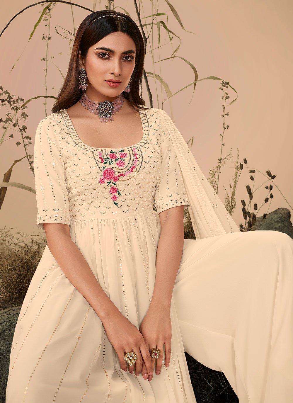 Trendy Suit Georgette Cream Embroidered Salwar Kameez