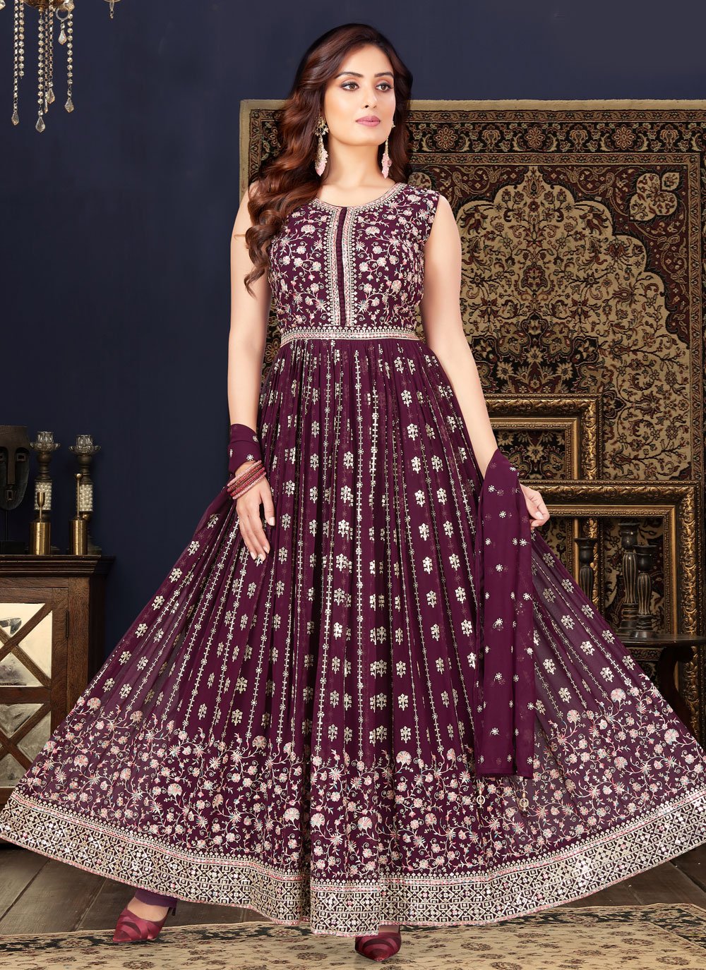 Anarkali Suit Georgette Purple Embroidered Salwar Kameez