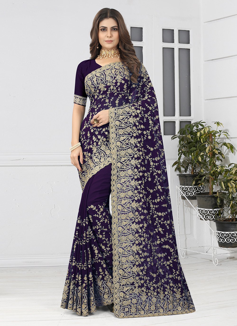 Contemporary Georgette Purple Embroidered Saree