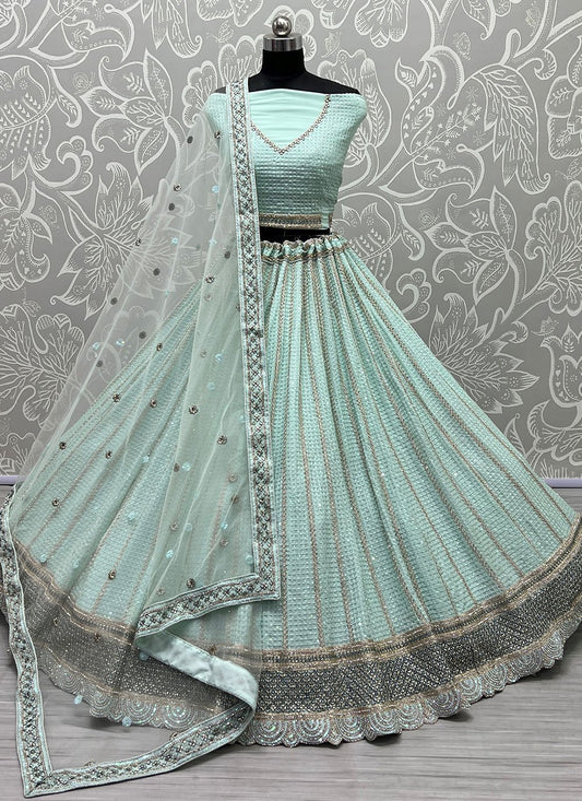 Lehenga Choli Georgette Aqua Blue Embroidered Lehenga Choli