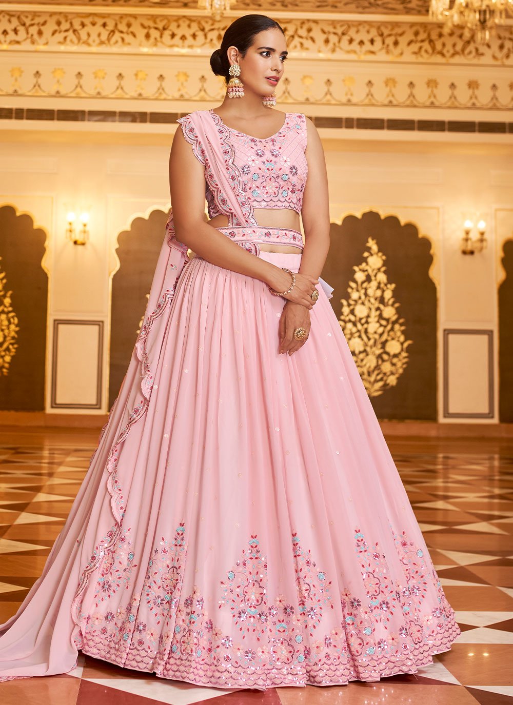 Lehenga Choli Georgette Pink Embroidered Lehenga Choli