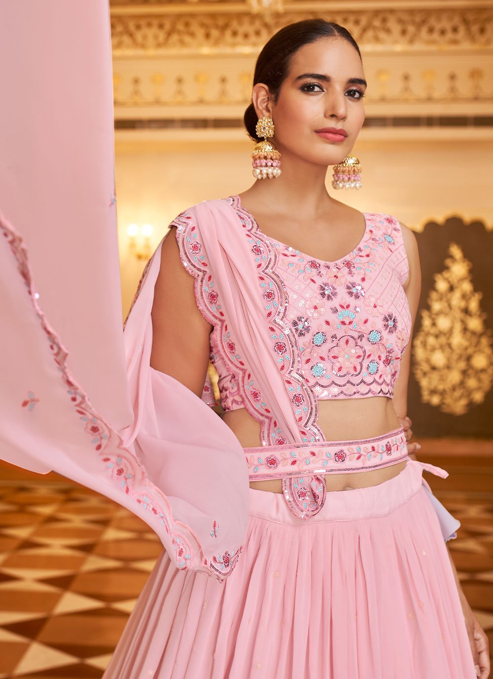 Lehenga Choli Georgette Pink Embroidered Lehenga Choli