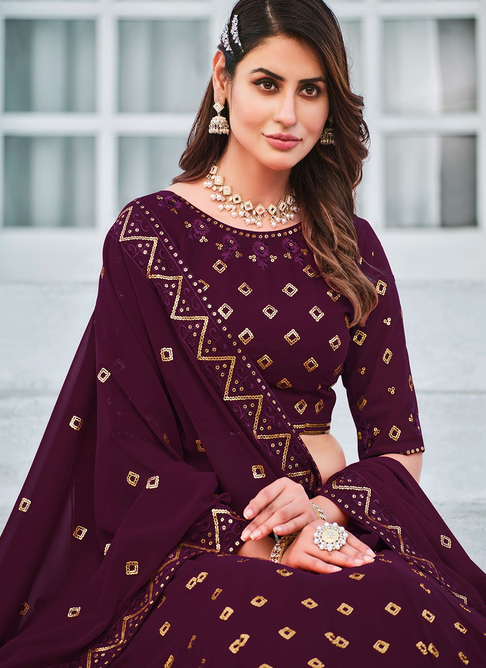 A Line Lehenga Georgette Purple Embroidered Lehenga Choli