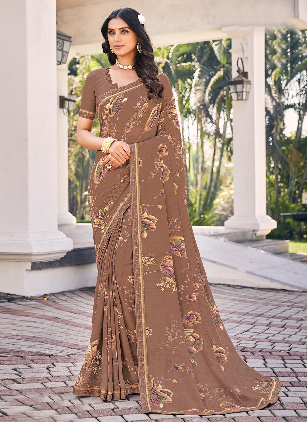 Designer Trendy Saree Georgette Grey Floral Patch Saree