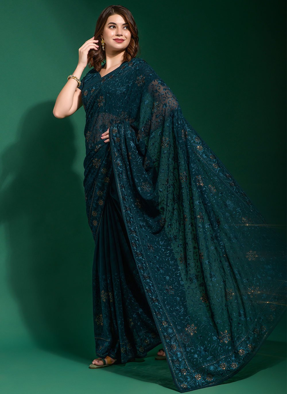 Trendy Saree Georgette Teal Diamond Saree