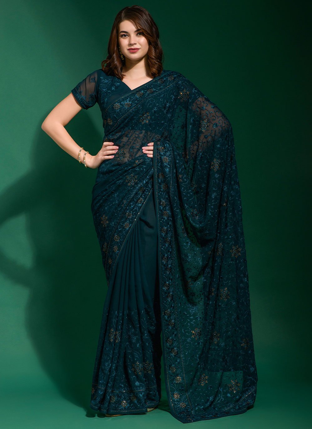 Trendy Saree Georgette Teal Diamond Saree