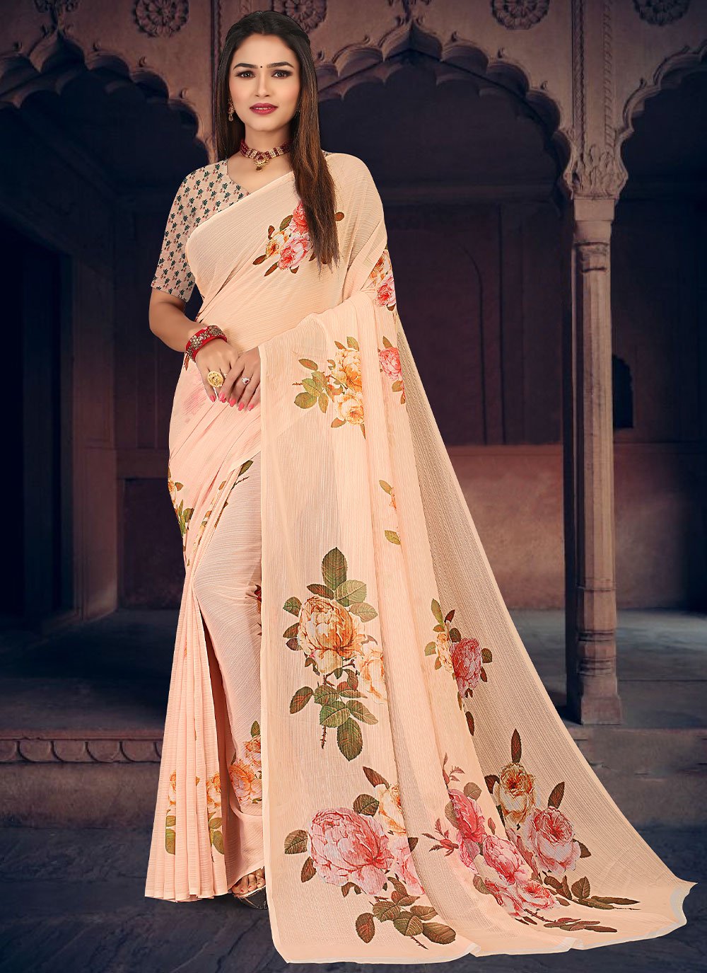 Trendy Saree Georgette Peach Digital Print Saree