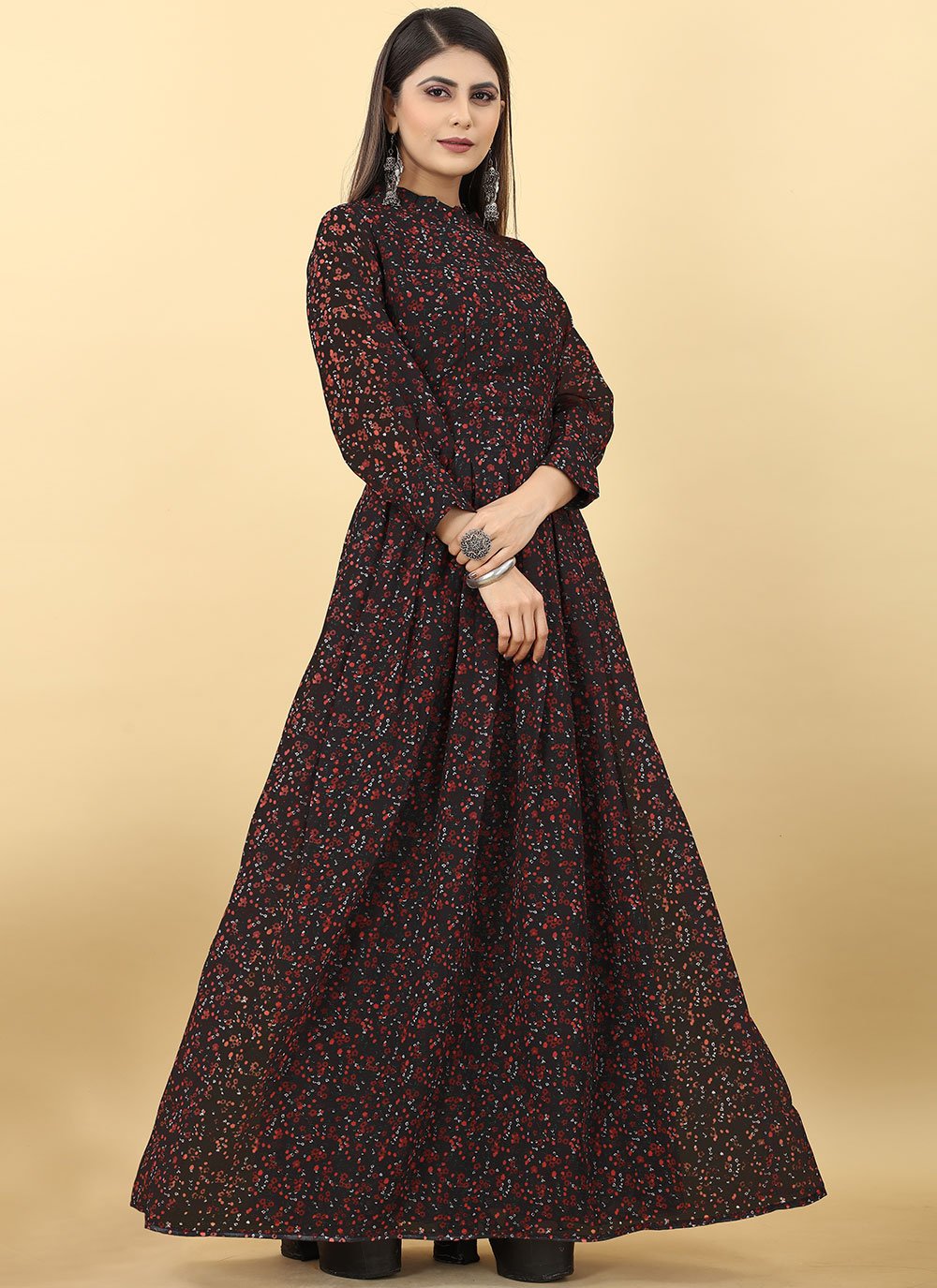 Gown Georgette Black Digital Print Gown