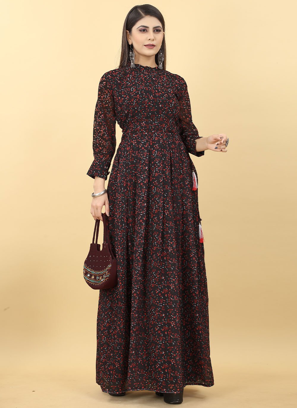 Gown Georgette Black Digital Print Gown