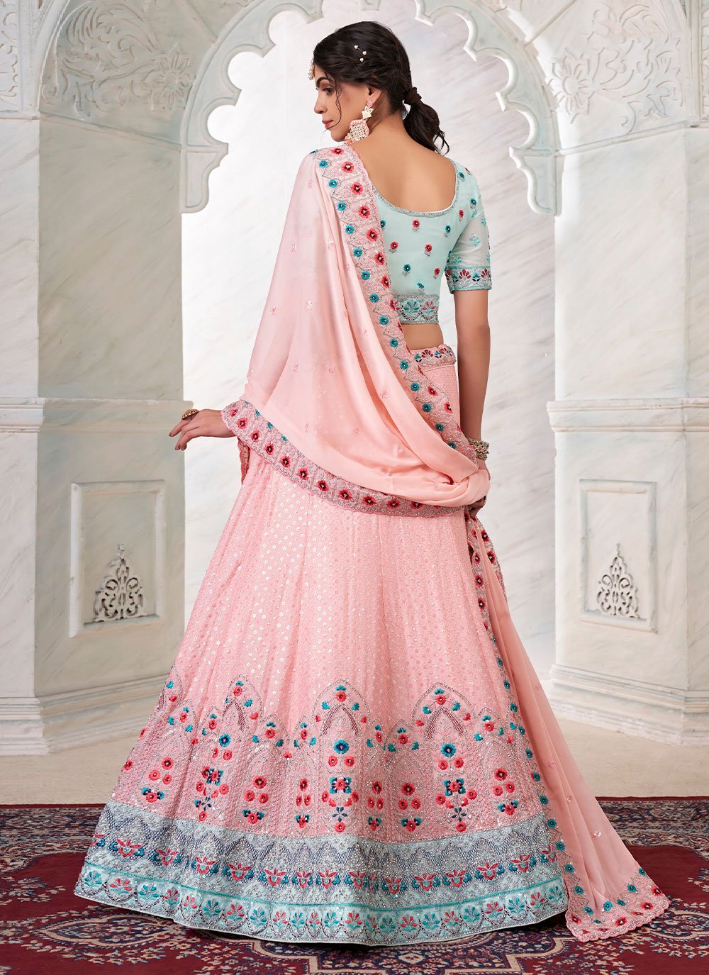 Lehenga Choli Georgette Peach Dori Work Lehenga Choli